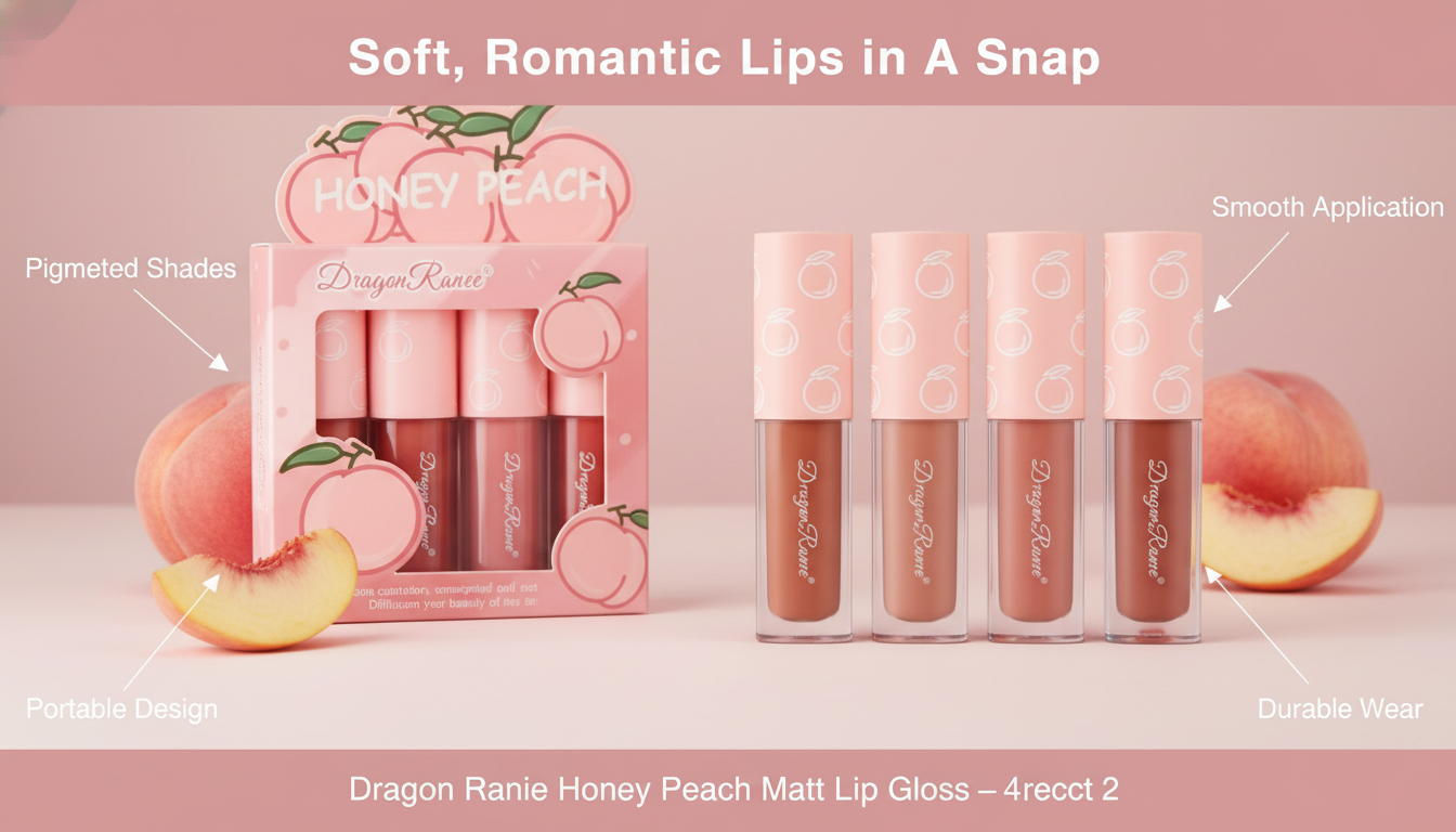 Dragon Ranee Honey Peach Matt Lip Gloss Set – 4 Velvet Matte Shades for Nude & Peach Lips