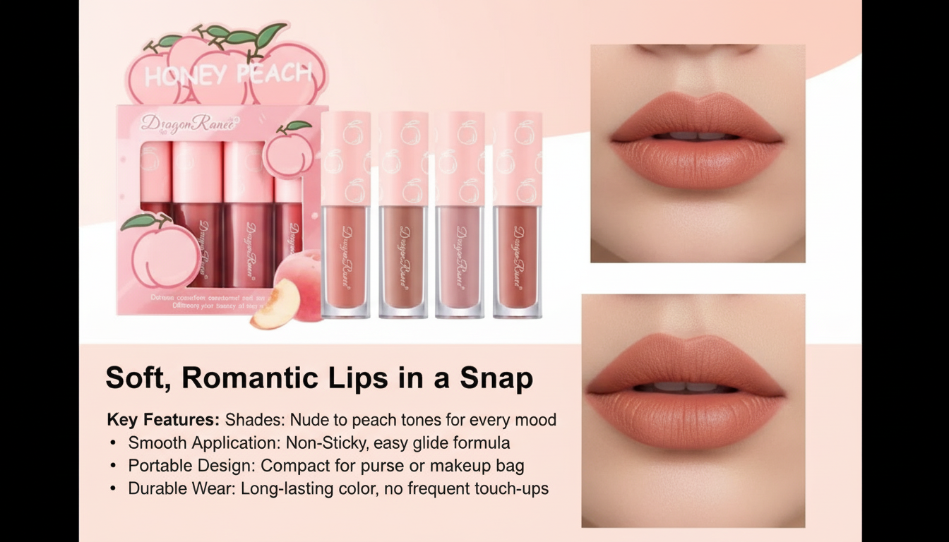 Dragon Ranee Honey Peach Matt Lip Gloss Set – 4 Velvet Matte Shades for Nude & Peach Lips