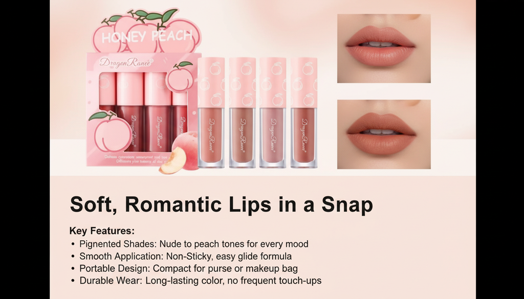 Dragon Ranee Honey Peach Matt Lip Gloss Set – 4 Velvet Matte Shades for Nude & Peach Lips