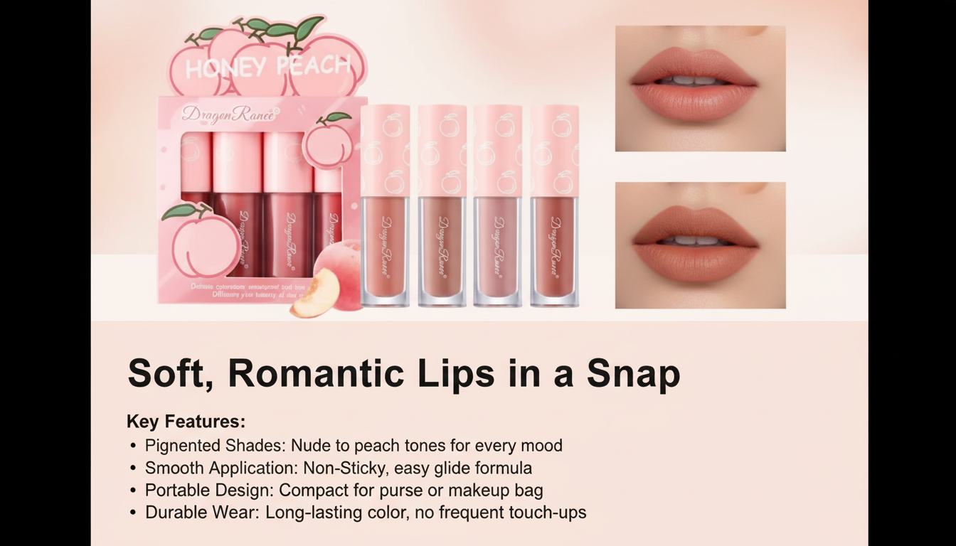 Dragon Ranee Honey Peach Matt Lip Gloss Set – 4 Velvet Matte Shades for Nude & Peach Lips
