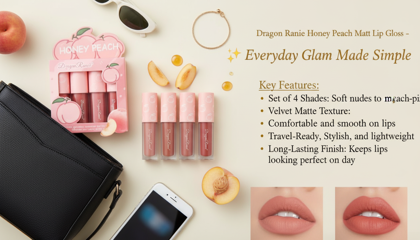 Dragon Ranee Honey Peach Matt Lip Gloss Set – 4 Velvet Matte Shades for Nude & Peach Lips
