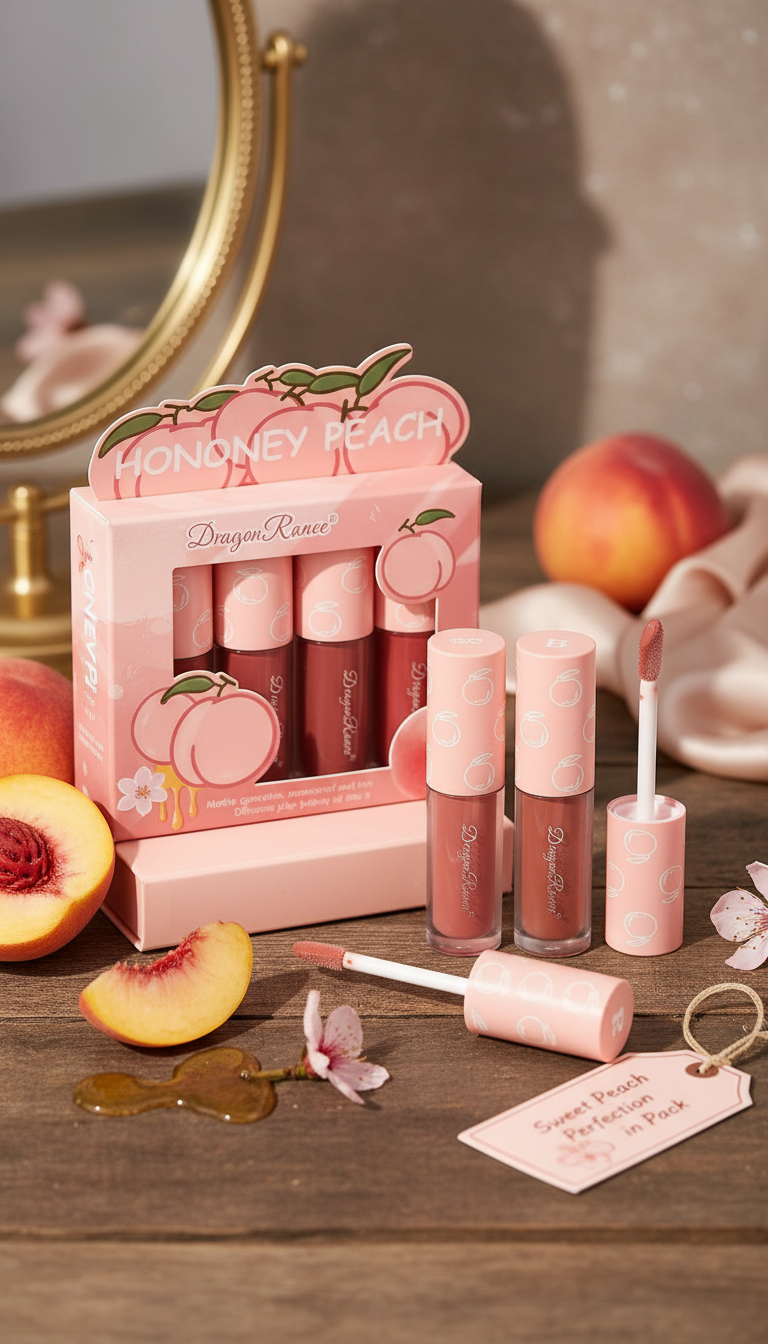 Dragon Ranee Honey Peach Matt Lip Gloss Set – 4 Velvet Matte Shades for Nude & Peach Lips