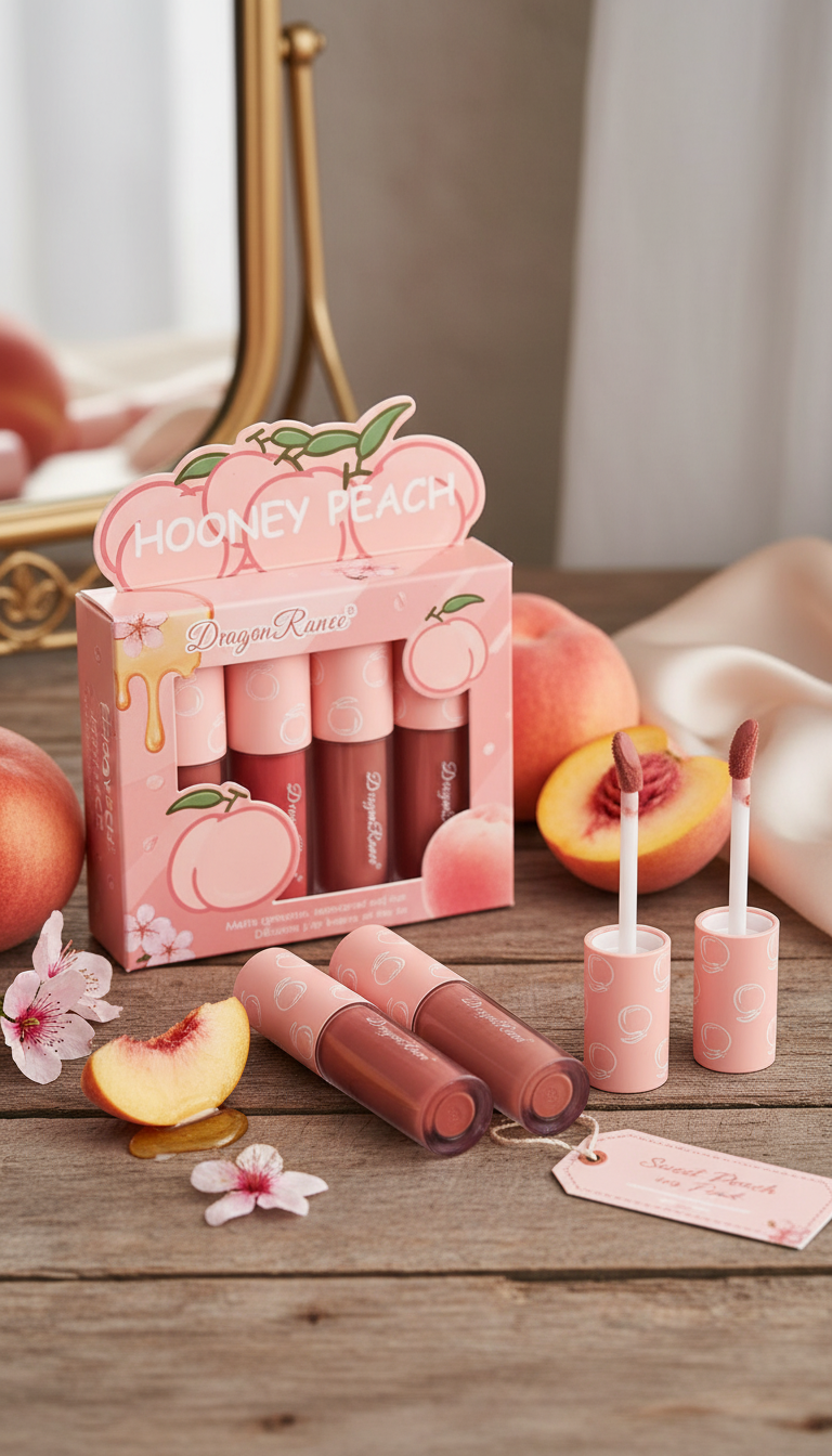 Dragon Ranee Honey Peach Matt Lip Gloss Set – 4 Velvet Matte Shades for Nude & Peach Lips