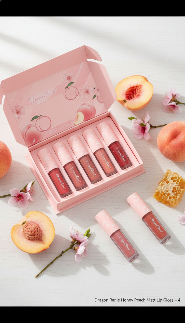 Dragon Ranee Honey Peach Matt Lip Gloss Set – 4 Velvet Matte Shades for Nude & Peach Lips